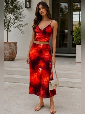 Red Floral Satin Midi Skirt - with matching top